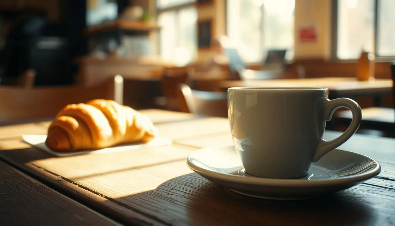 Café con leche y medialunas sobre una mesa de madera, imagen ilustrativa.