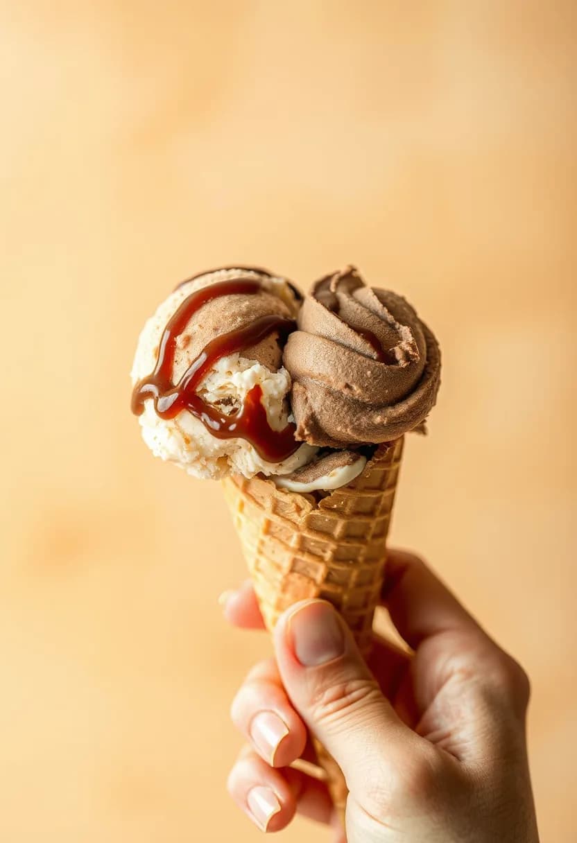 Cucurucho de Luigi con dos bochas de helado bañadas en salsa de dulce de leche, imagen ilustrativa.