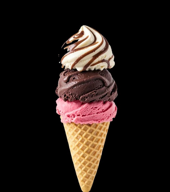 Cucuruchón de tres bochas: frutilla, chocolate y crema.