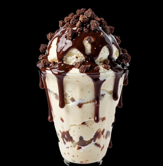 Pote de helado con salsa de chocolate y toppings.