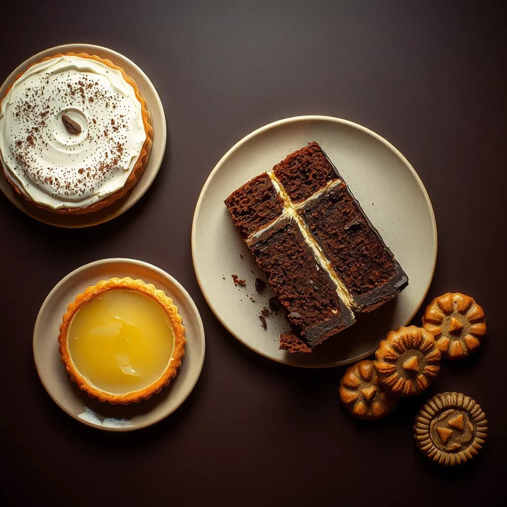 Mesa de pastelería con torta de chocolate, tarta y cookies sobre fondo chocolate, imagen ilustrativa.