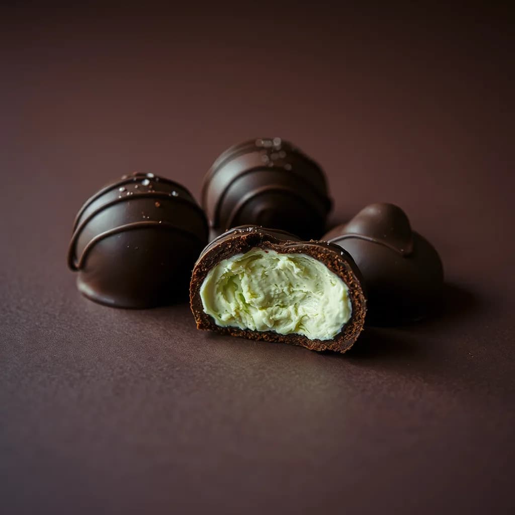 Bombones helados bañados en chocolate, uno partido mostrando el relleno de pistacho, imagen ilustrativa.