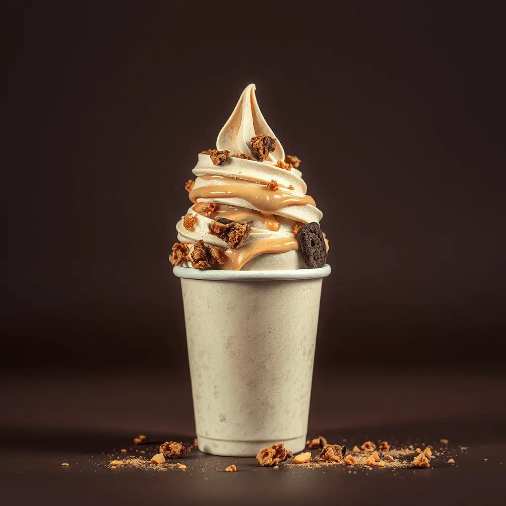 Pote de helado artesanal desbordado de trozos de galleta y una veta de dulce de leche sobre fondo chocolate, imagen ilustrativa.