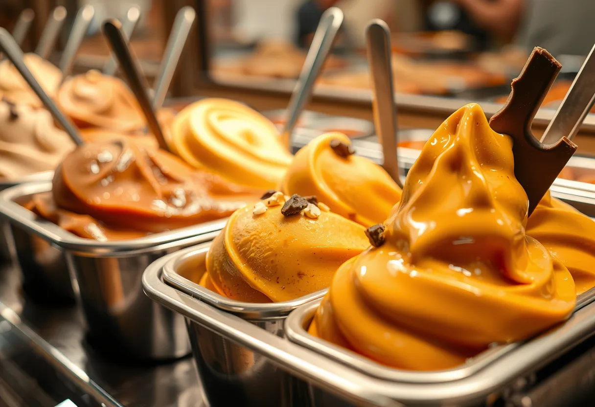 Vitrina de heladería con pozos de distintos sabores de helado, imagen ilustrativa.